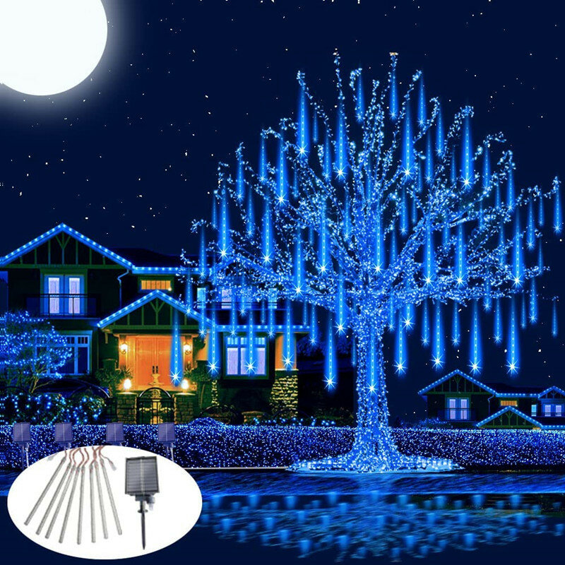 Luz de lluvia de meteoritos LED Solar, guirnalda de hadas impermeable para exteriores, decoración navideña de jardín, 30/50cm, 8 tubos