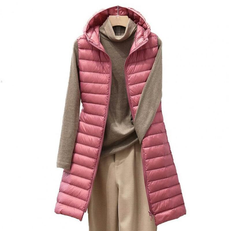 Chaleco acolchado de longitud media para mujer, abrigo largo con capucha, grueso y cálido, sin mangas, con cremallera, suave y ligero, para invierno