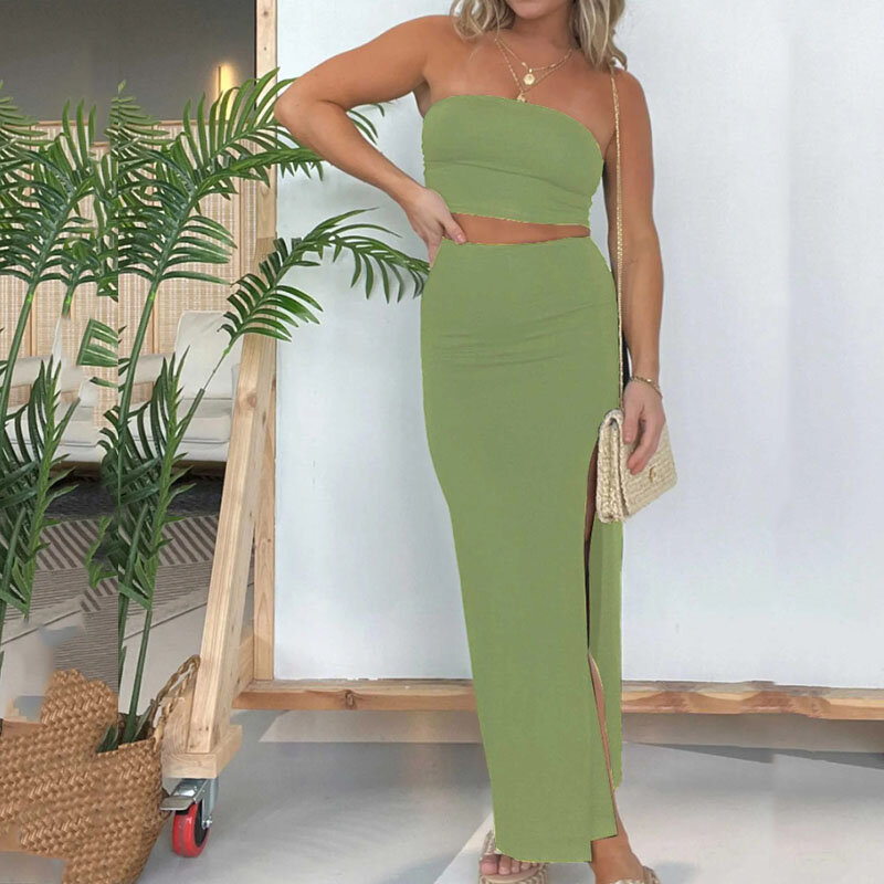 Sexy Bustier Sleeveless Tops and Long Skirt Sets Women Elegant Side Split Slim Party 2Pc Outfits 2024 Fashion Solid Beach Suits