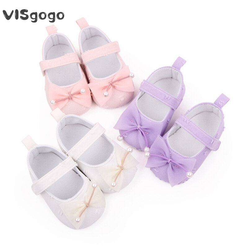 VISgogo Baby Girls Crib Shoes Bowknot Flats Soft Sole Non-slip Princess Wedding Dress Walking Shoes for Newborn Infant Toddler