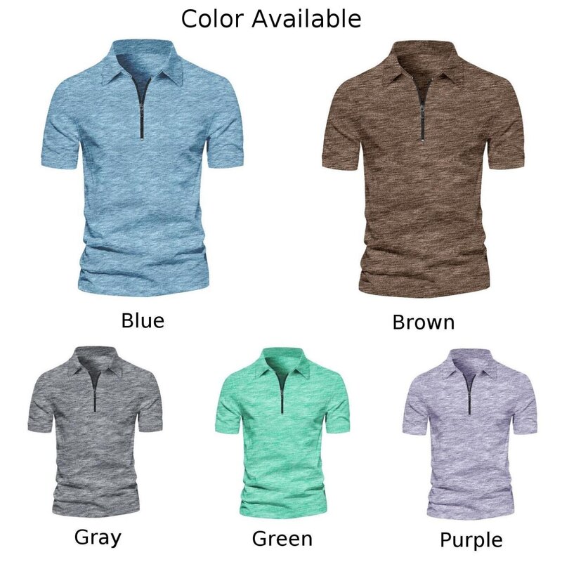 Men Lapel Neck Solid Color Short Sleeve T Shirt Breathable Casual Top Available in Blue Green Gray Brown Purple