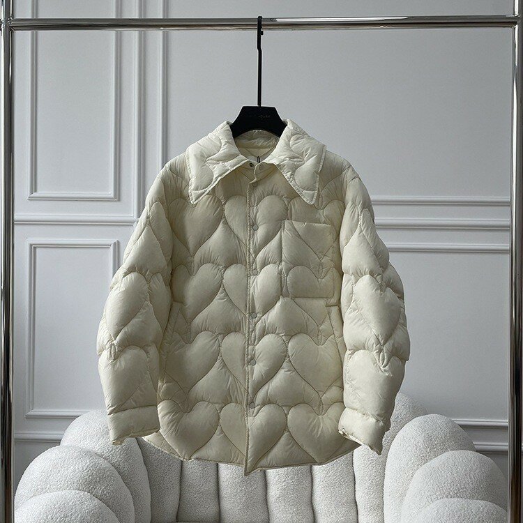 세련된 하트 패턴 긴 소매 화이트 덕 다운 재킷, 가을 겨울 싱글 브레스트 라이트 다운 충전 코트 레이디 따뜻한 재킷