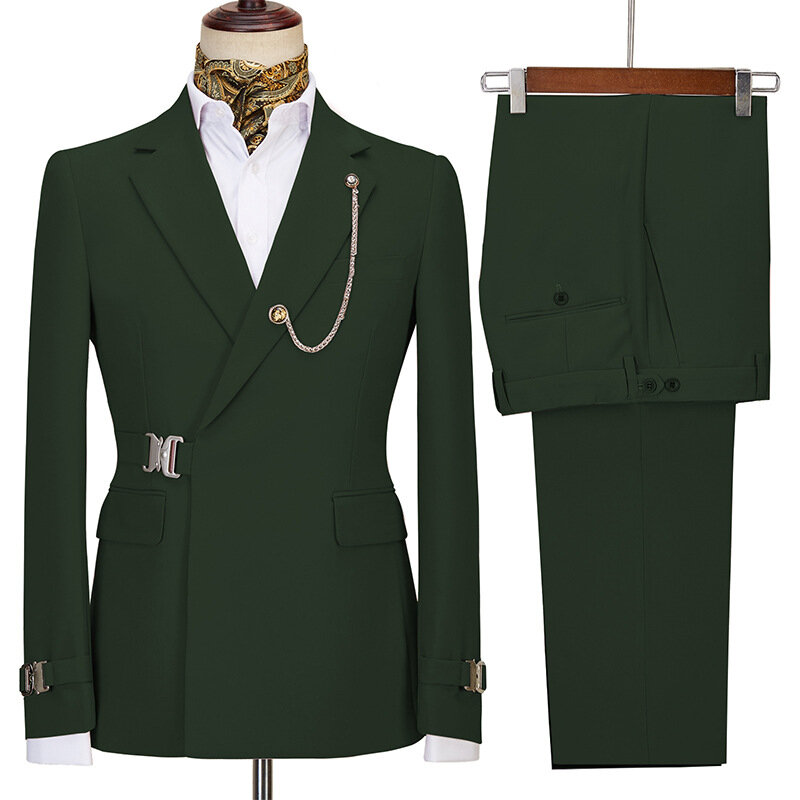 金属ボタン付きのメンズフィット単色スーツ、ビジネスウェディングバンケットドレス、パンツ付きジャケット、2個に適しています