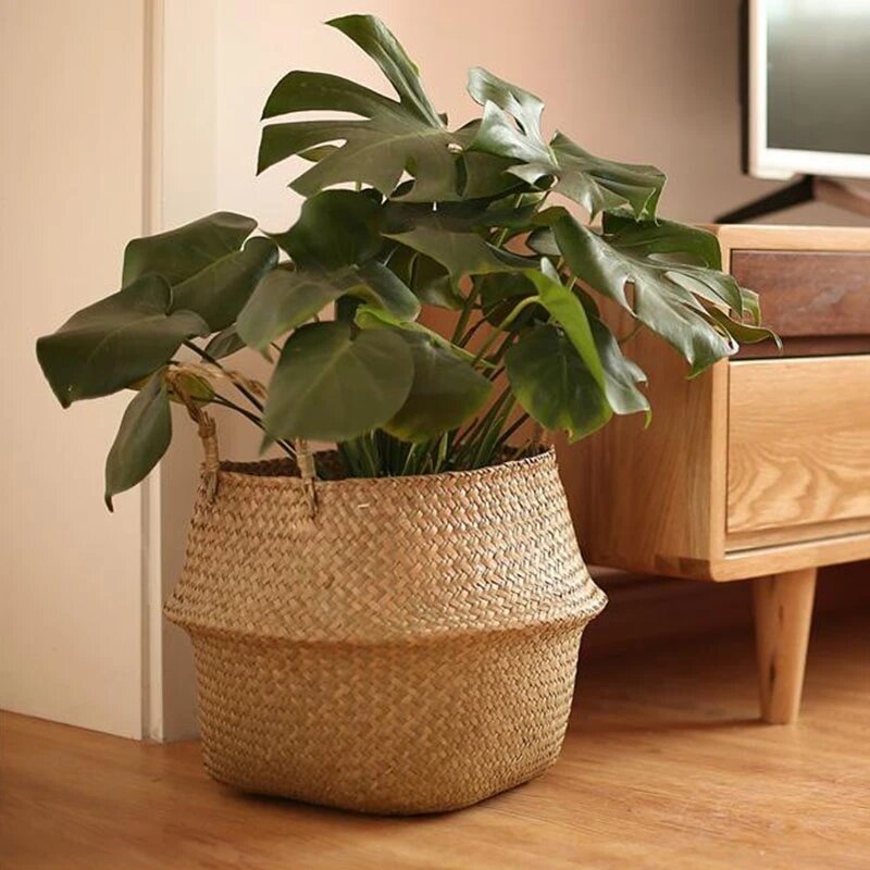 Palha de tecelagem flor planta pote cesta grama plantador cesta interior ao ar livre vaso de flores capa planta recipientes para plantas plantáveis