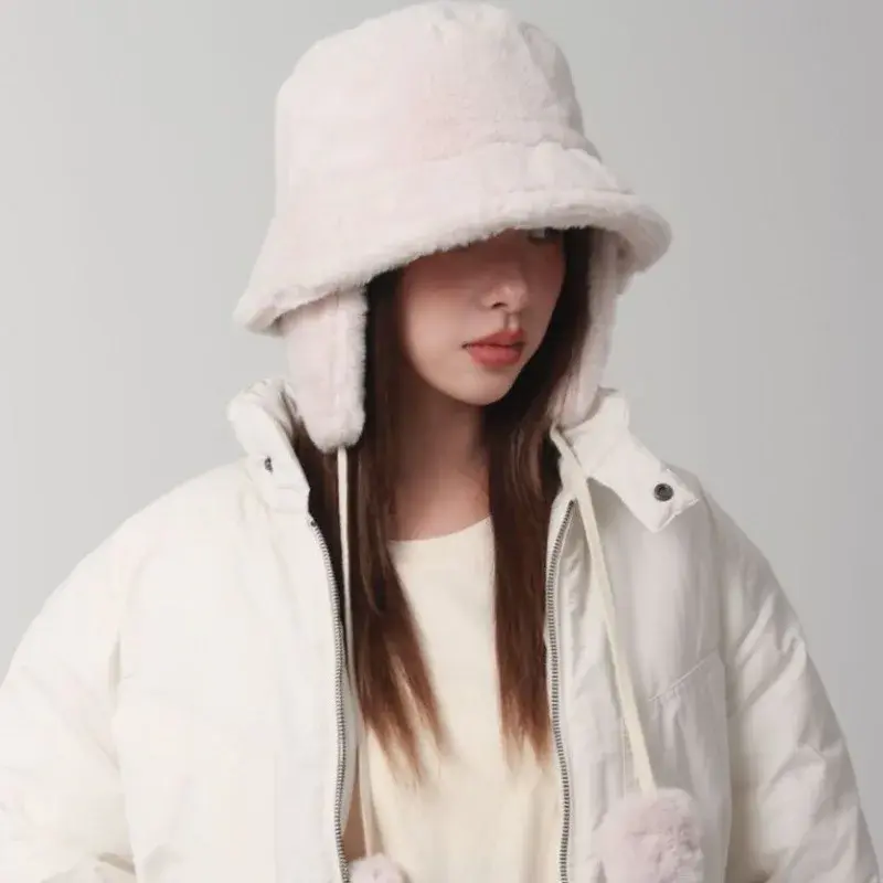 Tecido de algodão feminino Proteção auricular Bucket Hat, Bomber Chapéus, Golf Cap, Caminhadas, Pele, Barril, Quente, Inverno
