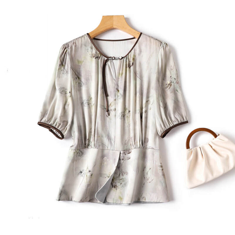 YCMYUNYAN-بلوزة شيفون نسائية كلاسيكية ، قمم مطبوعة بثلاثة أرباع ، قميص برقبة دائرية ، ملابس فضفاضة ، الصيف