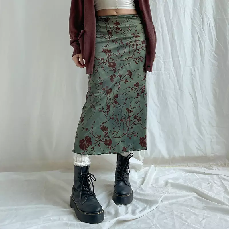 2024 New Vintage Style Print Ink Smudge High-waisted Skirt Autumn/winter Color Contrast Slim Spice Straight Skirt