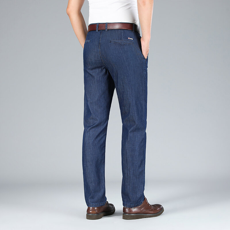 Jeans estivi da uomo sottili e comodi traspiranti a vita alta larghi dritti pantaloni elasticizzati per il tempo libero di mezza età