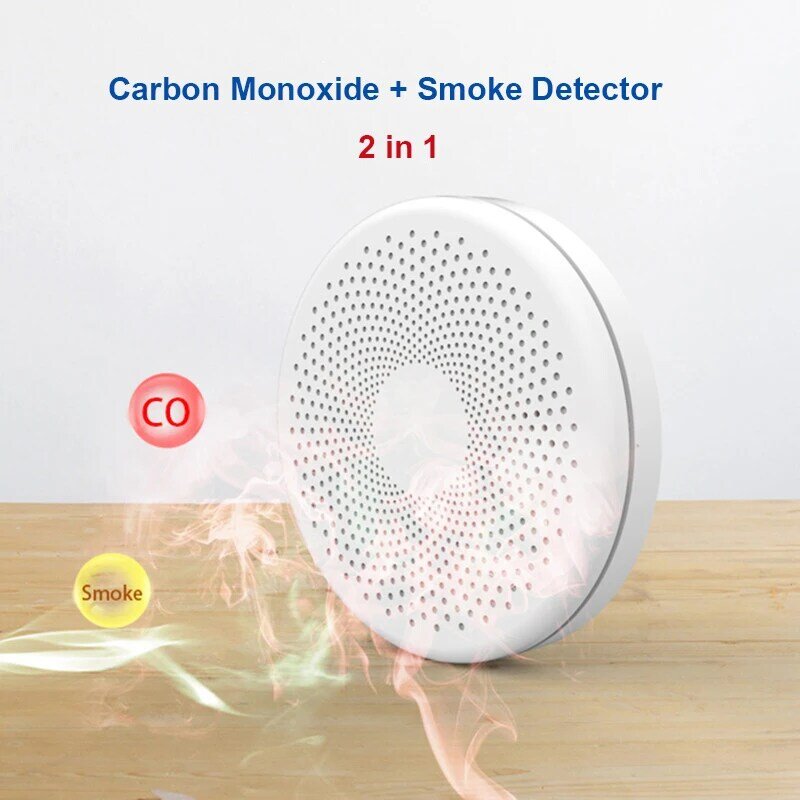 Tuya Smart Co & Smoke Detector, Alarme, Monóxido de Carbono, Salão, Sala, Cozinha, Loja, Incêndio, PIR, Sensor de Som, Alerta, Wi-Fi, 2 em 1