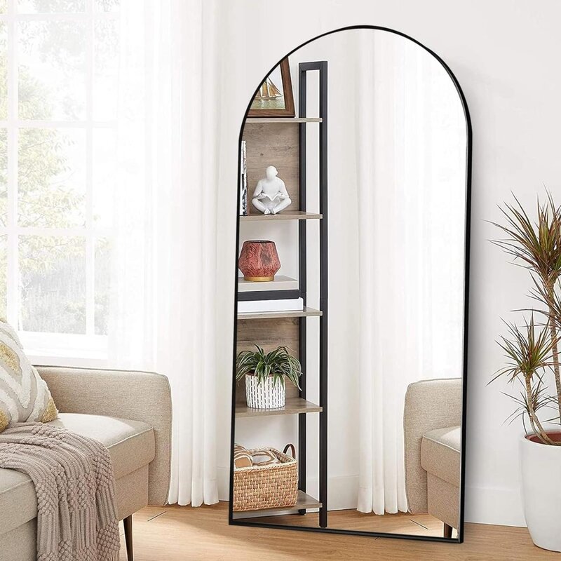 Espejo arqueado de longitud completa con soporte, marco de aleación de aluminio, espejo grande de suelo para sala de estar, montado en la pared, negro