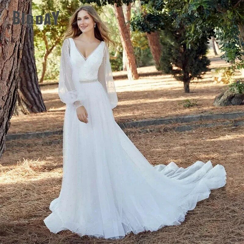 Elegant A-Line Wedding Dresses Women 2024 Open Back Long Sleeve V-Neck 2 Pieces Pearls Bridal Gown Sweep Train Vestido De Noiva