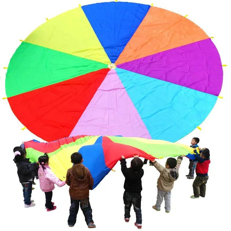 2-6M Diameter Outdoor Camping Rainbow Umbrella Parachute Toy Jump-Sack Ballute Play Interactive Teamwork Game Toy For Kids Gift