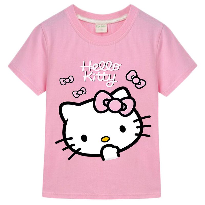 Hello Kitty Cartoon Impresso T-shirt para Crianças, 100% Algodão, Bonito Anime Tees para Meninos e Meninas, One Piece Tops, Manga Curta, Roupas de Verão, Y2K, 1 Pc