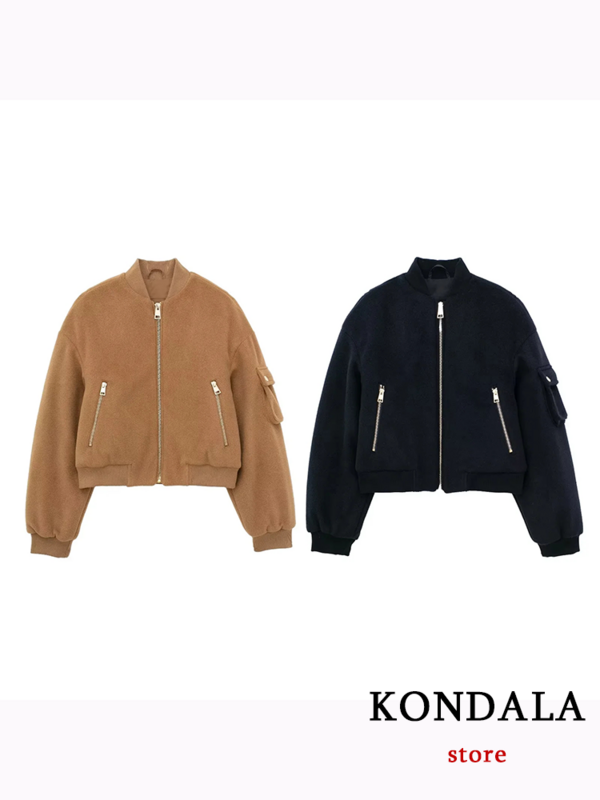 KONDALA-Jaqueta bomber chique casual vintage, zíper sólido, bolso com o pescoço, casacos de manga comprida, roupas de moda, outono e inverno 2023