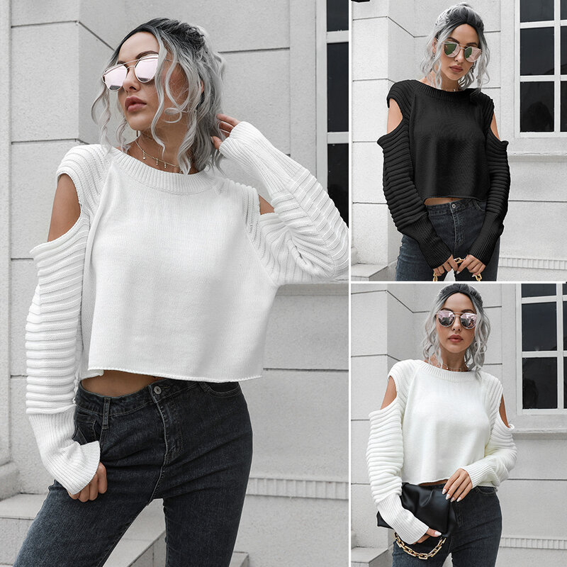 2024 New Fashion Women Sexy Off Shoulder Solid Color Long Sleeve Short Knitted Sweater Women Casual Knitted Sweater Pullower