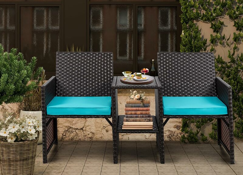 Outdoor Rattan Loveseat, Wicker 2-Seat Patio Conversation Furniture Set with Built-in Table & Removable Cushions for Balcony