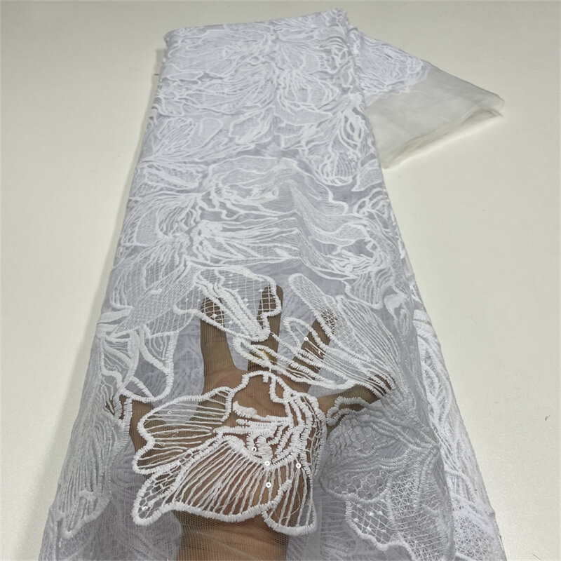 Tela de encaje 3D con lentejuelas bordadas, tela nigeriana africana para coser, tul de encaje de red francesa, 5 yardas, Dubai, lujo, 2024