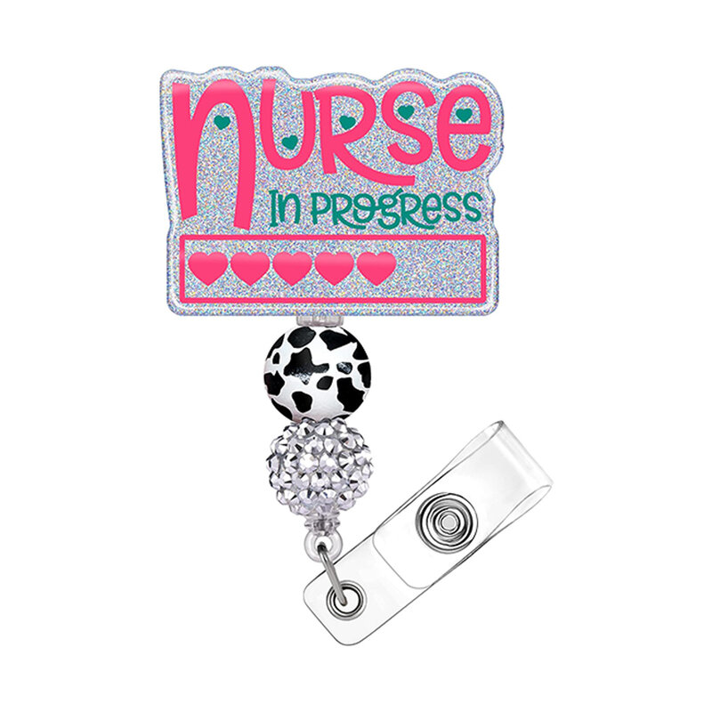 2023 New Design 1 Piece Acrylic Rhinestone Beaded Retractable Doctor Nurse Badge Reel Clip Rainbow Heart Cow ID Name Card Holder