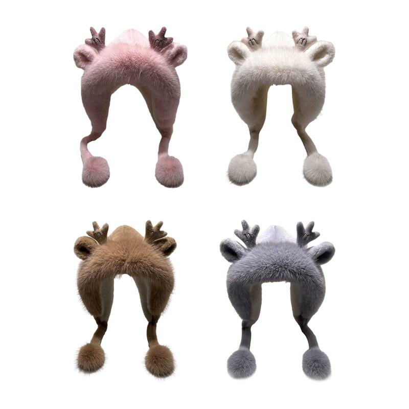 Women Antler Ears Hat Winter Hat Ladies Cute Lightweight Plush Hat Ear Protection Hat for Street Outdoor Backpacking