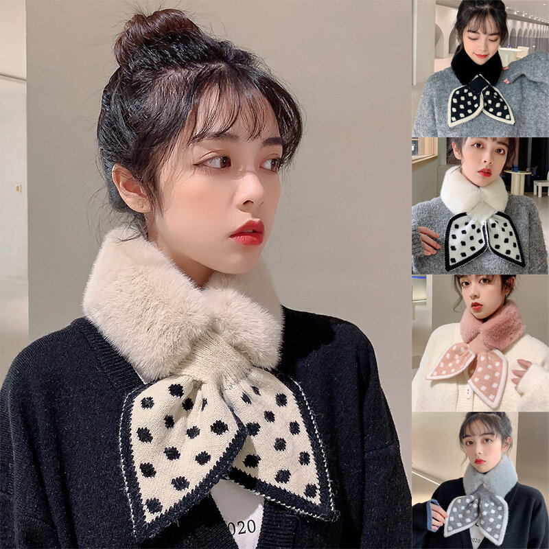 Winter Faux Fur Scarf Luxury Plush Warm Neck Collar Scarves Cross Polka Dot Scarf Cute Girl Knitted Scarfs For Ladies Keep Warm
