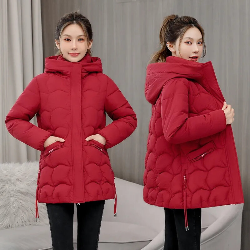 2023 Nieuwe Koreaanse Mode Elegante Dames Gewatteerde Katoenen Jassen Met Capuchon Parkas Meidum Lange Warme Winterjas Puffer Overjas