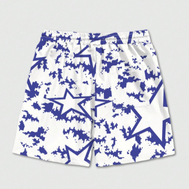 2024 New Summer Beach Swimming Trunks Men Blue Pentagram Element Printed White Short Fashion Loose Breathable Quick Drying