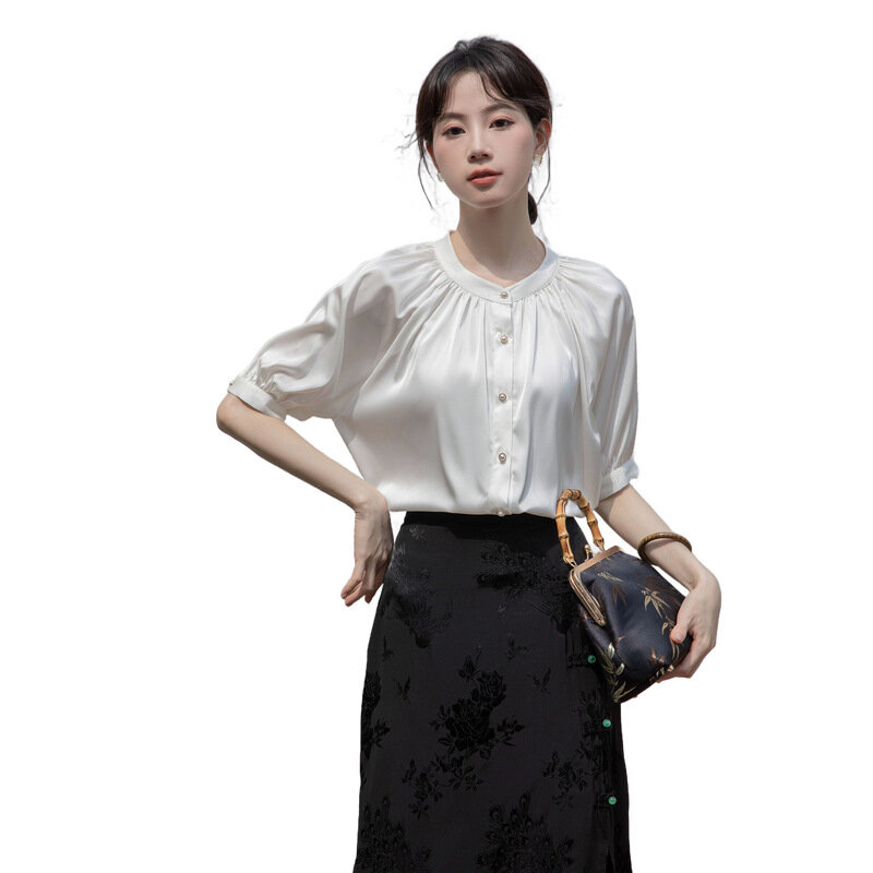 Новинка, брендовая качественная шелковая модель 2024, Летние повседневные блузки оверсайз с коротким рукавом, женские офисные рубашки, блузы