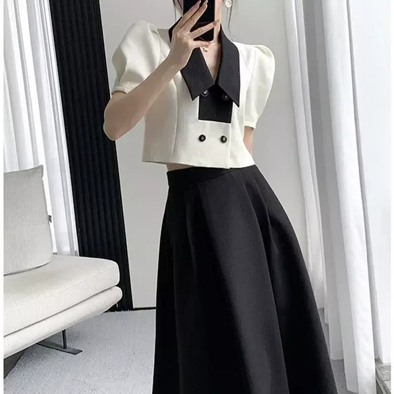 French Elegant Two Piece Sets Women New Summer Office Lady Puff Sleeve White Crop Top Female Clothes Black Midi Skirts Suit E36