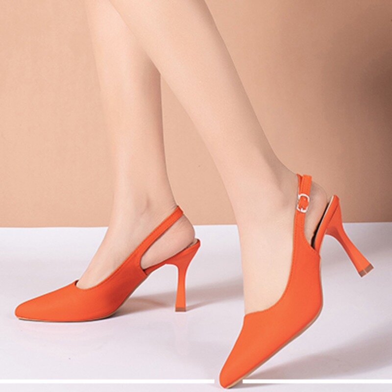 Baotou sandal wanita hak tinggi seksi, sandal mulut dangkal ujung lancip musim panas warna Solid ukuran besar