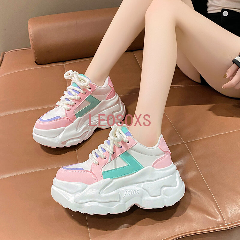 8.5CM Wedges Leather Sneakers Women 2024 New Fashion Hidden Heels Sports Dad Shoes Thick Sole Platform Chunky Sneakers Spring