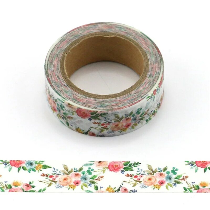 Washi Tape Papel Floral Colorido, Fitas De Máscarias De Flores, Adesivos Decorativos, DIY, Japonês, 15mm * 10m, 1 PC