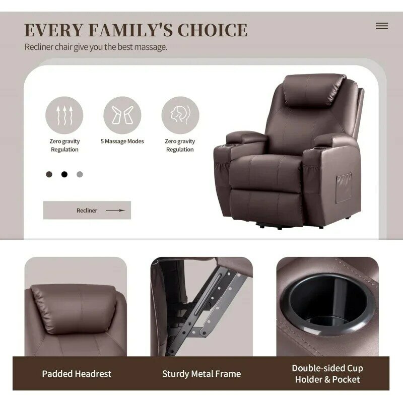 JUMMICO-Cadeira reclinável Power Lift com calor e massagem para idosos, couro PU, sofá reclinável moderno, porta-copos, Rem