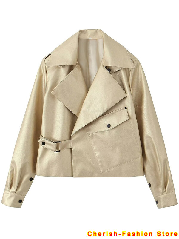 Chic Gold Women's Fake Leather Motorcycle Jacket Elegant Loose Lapel Long Sleeved PU Coat 2023 Autumn Lady Fashion Overcoat