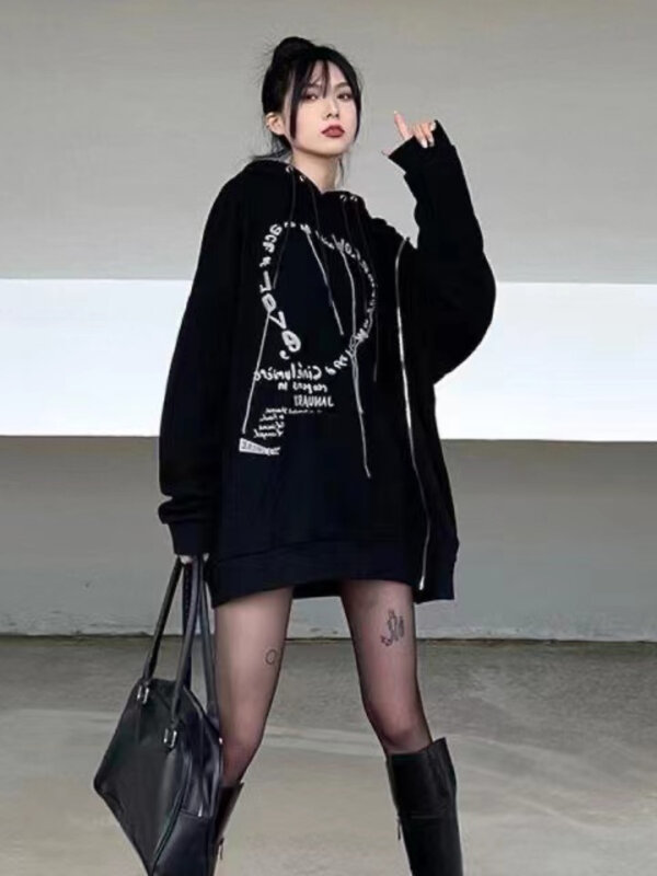 Deeptown 고딕 펑크 Streetwear 하트 편지 인쇄 대형 후드 스웨터 여성 Grunge 지퍼 까마귀 여성 긴 소매 탑