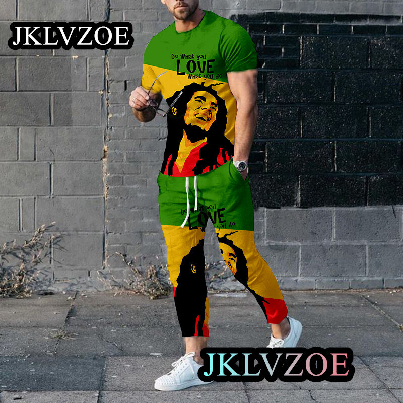 Chándal con estampado de Bob Marley para hombre, Conjunto de camiseta y pantalones a la moda, traje de Jogging de música Reggae, ropa informal, novedad de verano