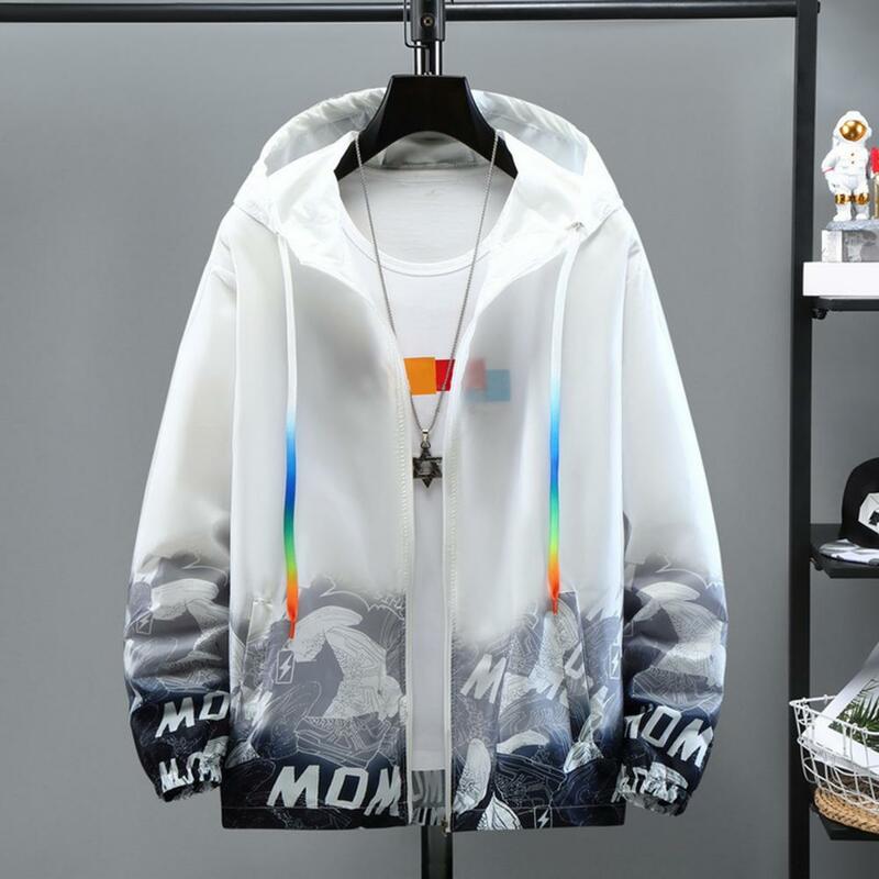 Men Jacket Sun Protection Hooded Jacket with Pockets Quick Drying Anti-wrinkle Windbreaker for Men Shoes Print Gradient Design