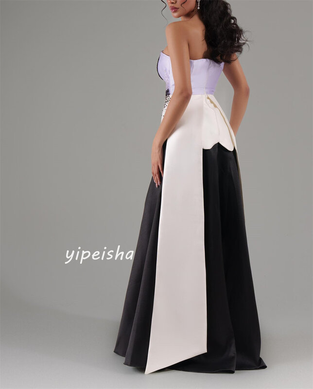 Jersey Flower Sequined Beading Ruched Clubbing A-line Strapless Bespoke Occasion Gown Long Dresses