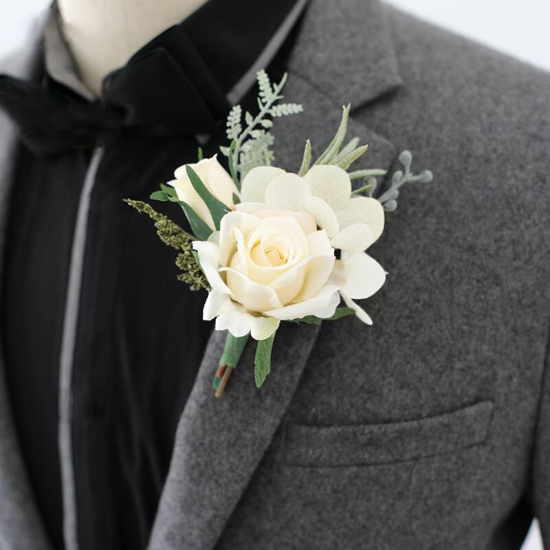 Boutonniere Putih Pernikahan Korsase Bunga Buatan Mawar Merah Gelang untuk Pengiring Pengantin Pria Lubang Kancing Tamu Aksesoris Pernikahan