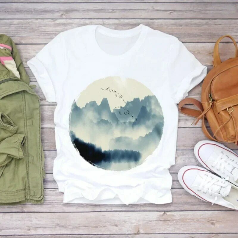 Camiseta feminina de manga curta branca com gola redonda, letras, padrão de vaca, pintura de paisagem, tops estampados, camiseta gráfica, moda, novo