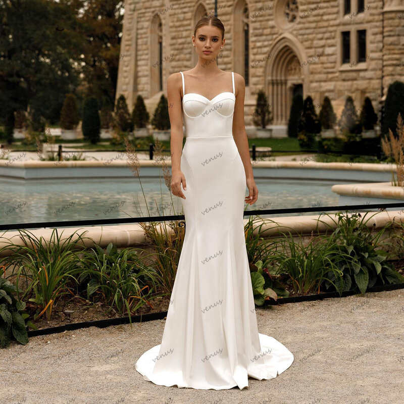 Gaun pernikahan Satin sederhana gaun pengantin elegan jubah elegan kereta tanpa lengan punggung terbuka glamor Vestidos De Novia 2024