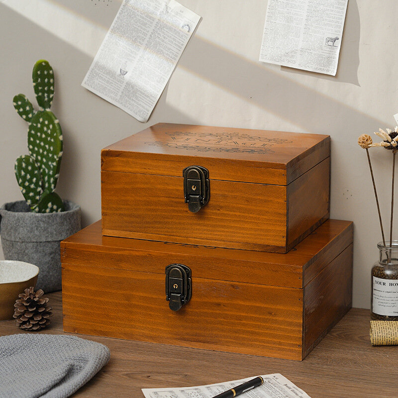 Retro litego drewna pudełko do wykańczania biżuterii z drewnianym zamkiem pudełko do przechowywania pudełko pudełko do przechowywania