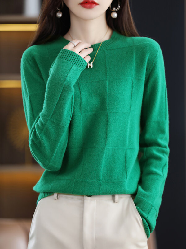Suéter básico de lana merina para mujer, jersey de manga larga con cuello redondo, Jersey de punto de Cachemira, Top 2024, primavera y otoño