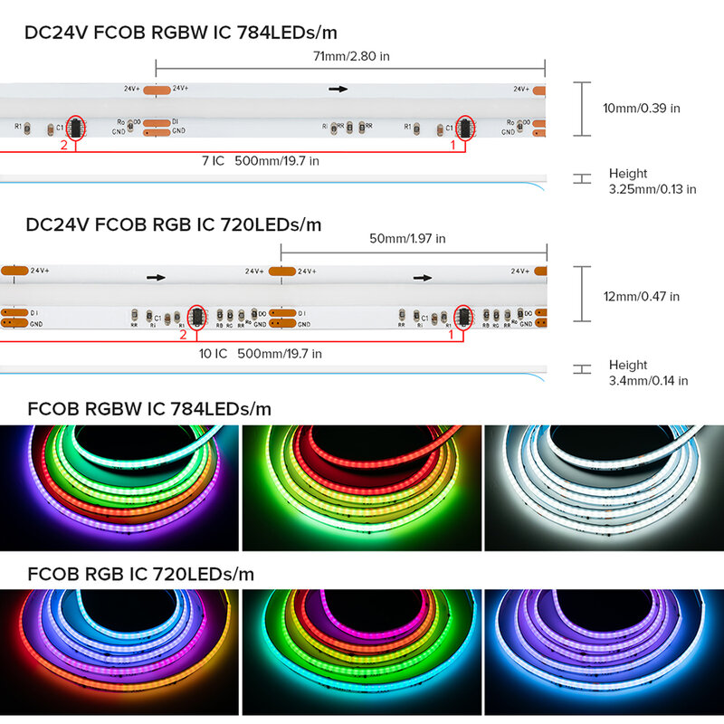 عنونة حلم اللون LED ضوء الشريط ، FCOB ، SPI ، RGBW IC ، WS2814 ، 784 LED ، DC24V ، SK6812 ، عالية ، مرنة فوب ، أضواء COB ، RA90 ، IP30 ، 10 مللي متر