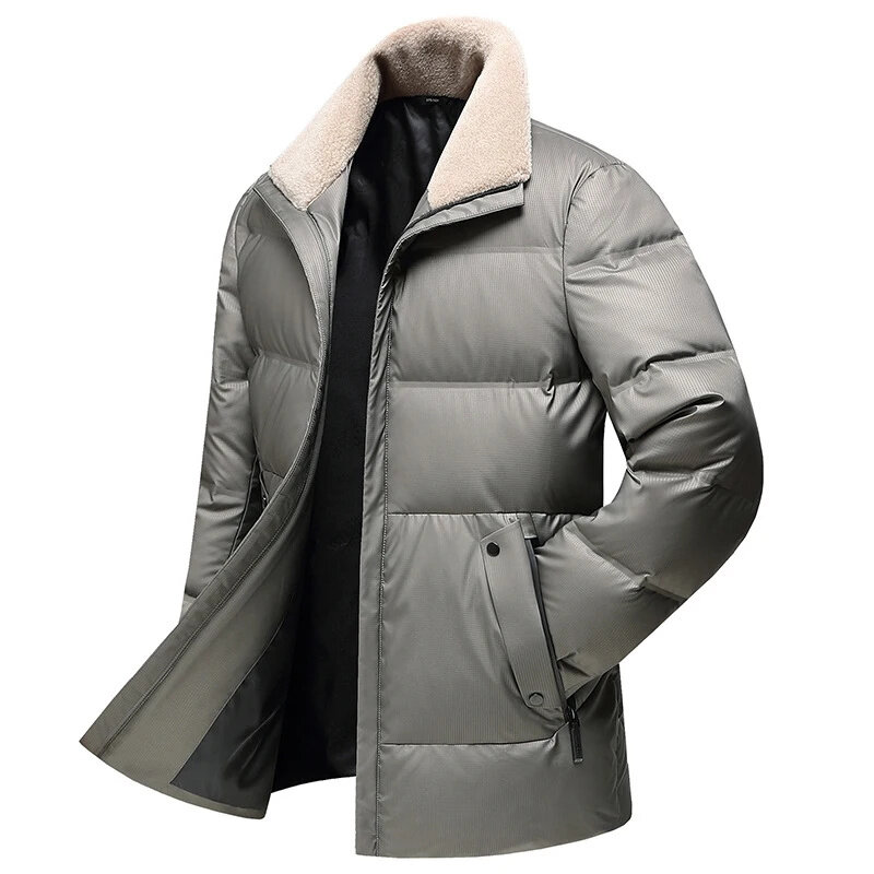 Jaqueta puffer de comprimento médio com gola de lã masculina, casaco quente, blazer empresarial, à prova de vento, comprimento médio, 90% baixo, novo, inverno, 2022