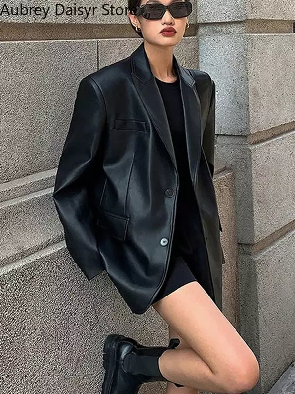 Jaqueta de couro punk preta feminina, streetwear vintage coreano, blazer de inverno, casual, botão, quente, solta, nova