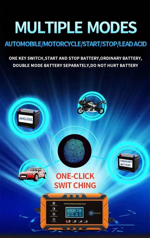 Chargeur de batterie de voiture avec écran LCD, charge rapide intelligente, réparation intelligente des impulsions, auto, moto, camion, 12V, 24V, 10A, 5A