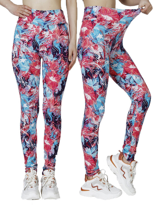 LJCUIYAO Fitness Yoga Grande Vermelho Floral Impressão Leggins Cintura Alta Senhoras Lápis Pant Plus Size Stretchy Mulheres Roupas Leggings S-2XL