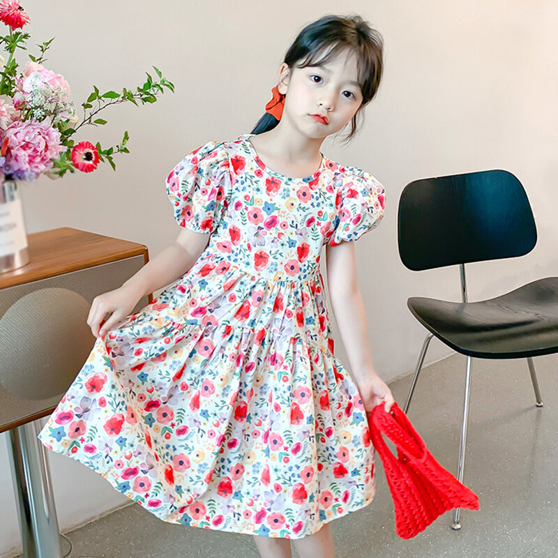 Kids Girls' Summer Puffy Dress Korean Style Sweet Princess Party Dress Ruffled Design Skin-friendly Resort Style Girls Dress