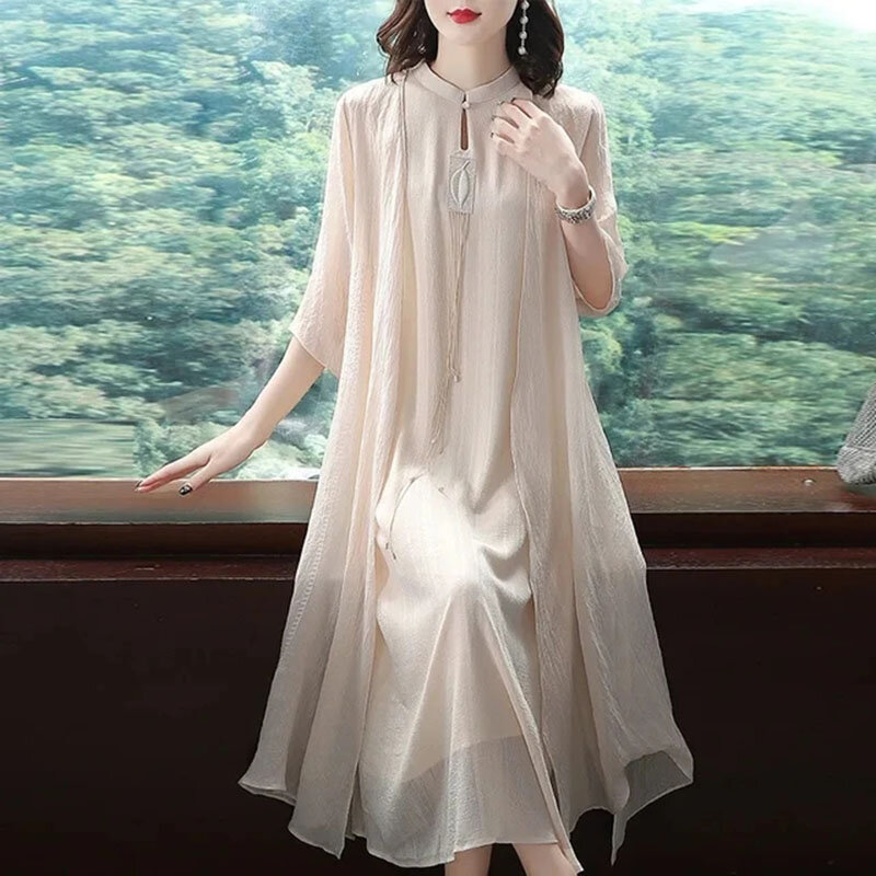 Spring Summer Two Piece Sets Dress Women Retro Temperament Improved Cheongsam Dress Noble Mother Elegant dresses Suit Lady 2PCS