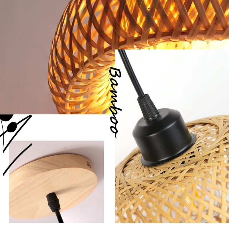 Lámpara de techo LED de mimbre y bambú hecha a mano, accesorio de tejido E27, decoración del hogar, sala de estar, lámparas colgantes